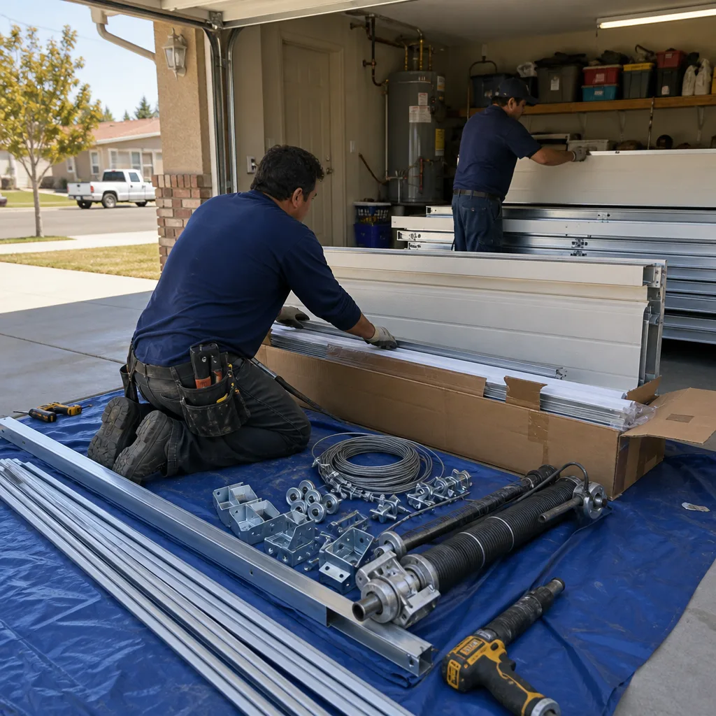 Two professional technicians installing a new residential garage door system.