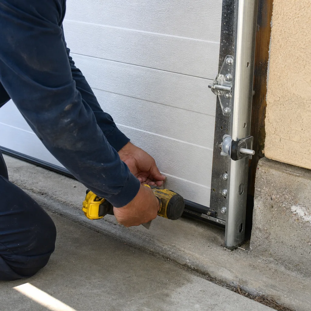 Technician using a power drill for professional garage door installation
