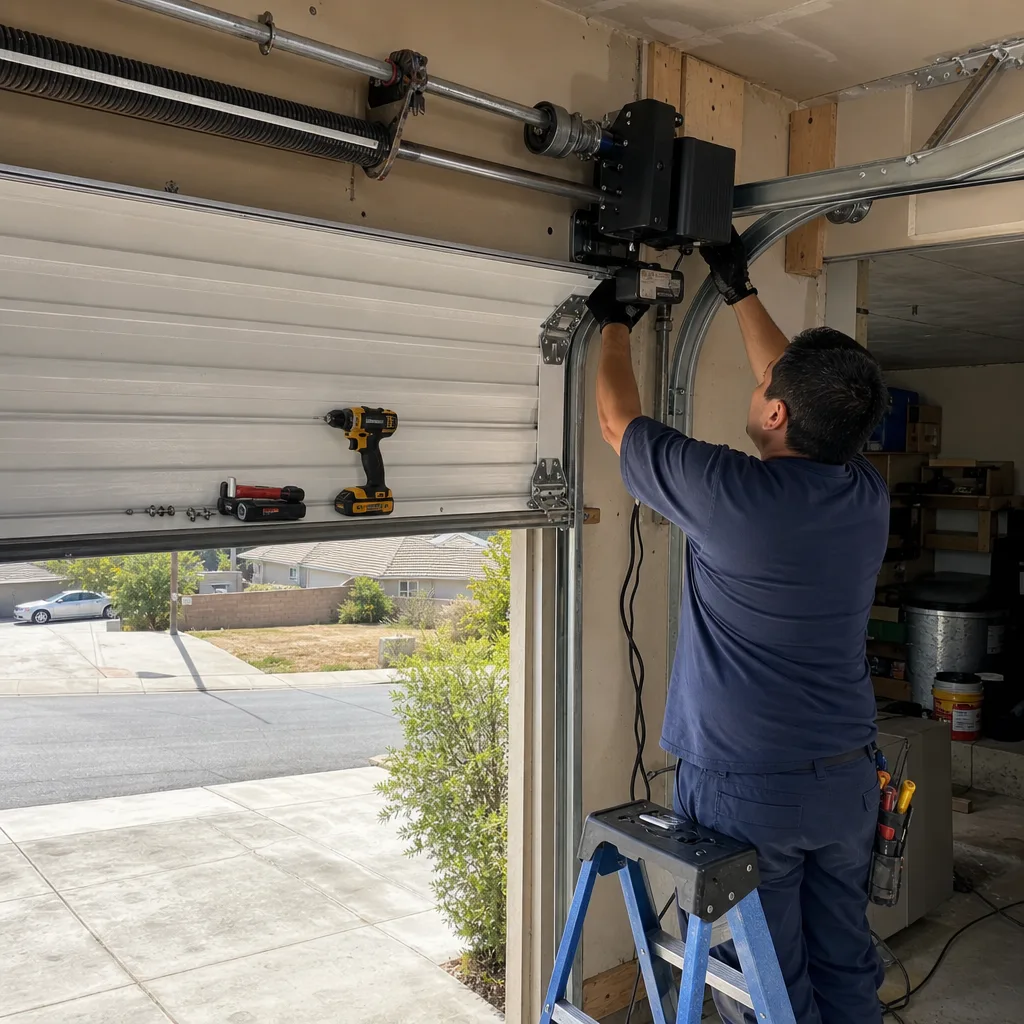 Professional technician installing a garage door opener