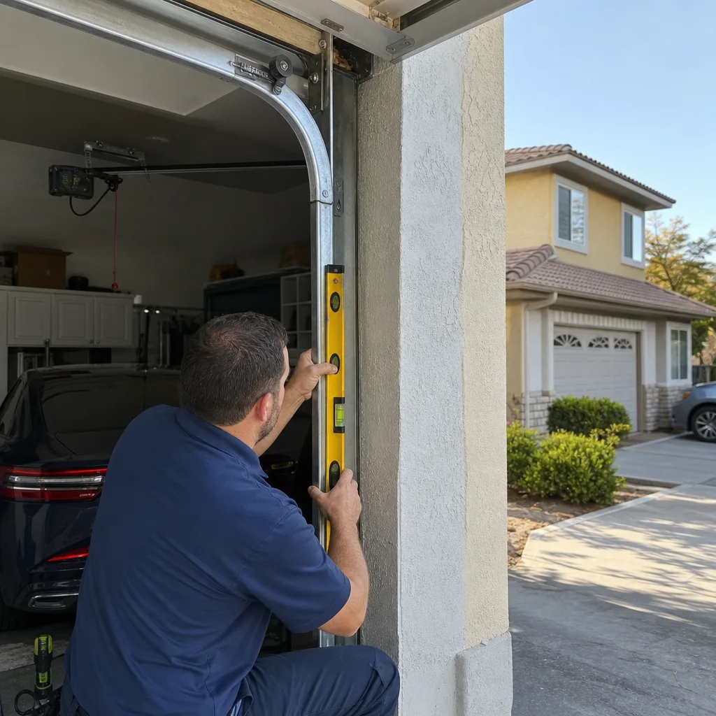 Professional garage door technician installing and aligning a vertical door track