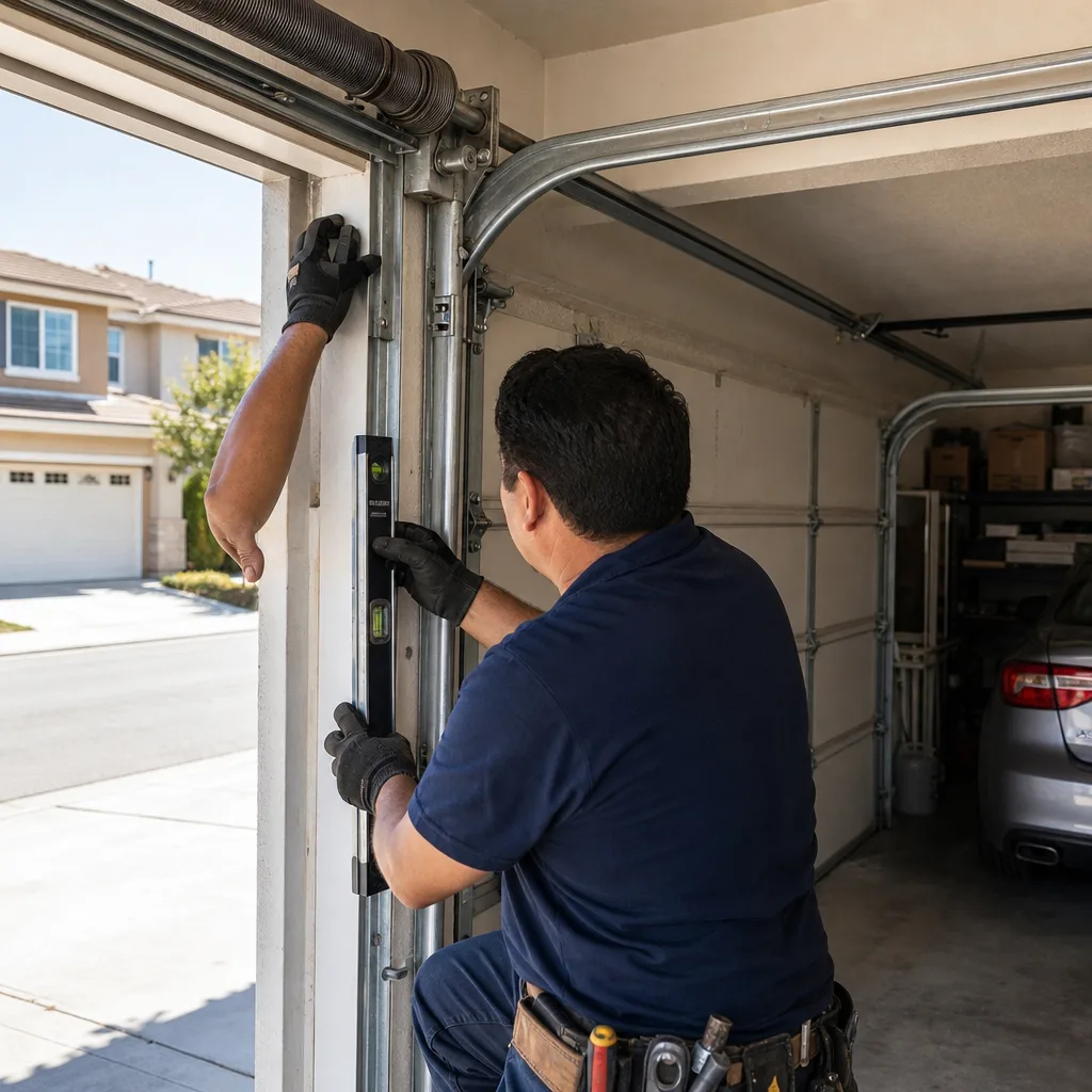Technician using a level to align a garage door track.