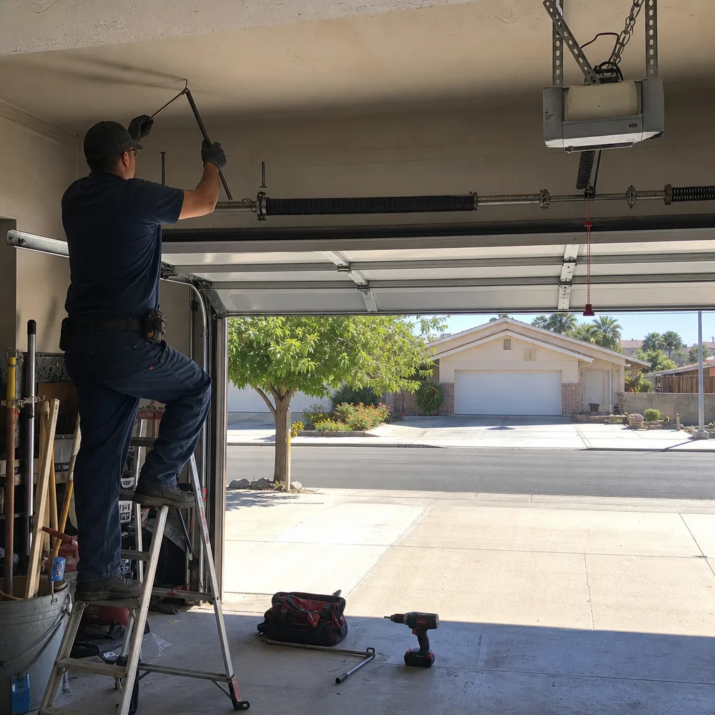 Professional technician repairing a garage door torsion spring system